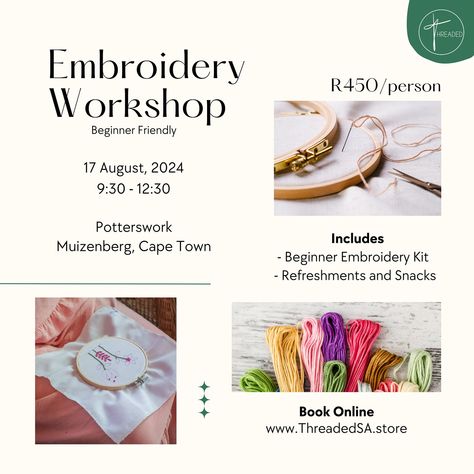 Join us for a Beginner Embroidery Workshop at Potterswork! 🗓️ Saturday, 17 August 2024 ⏰ From 9:30 till 12:30 📍Potterswork, Muizenberg, Cape Town This guided workshop is open to all! You will be taken through the most common embroidery stitches, so no previous experience is required. 🪡 You will receive a starter embroidery kit containing everything needed for the workshop. The kit is yours to take home after. 🧁 Refreshments and snacks will be provided. Limited spots are available so ... Starter Embroidery, We Are Done, Embroidery Workshop, 17 August, Beginner Embroidery Kit, Beginner Embroidery, Embroidery For Beginners, Embroidery Kit, Embroidery Kits