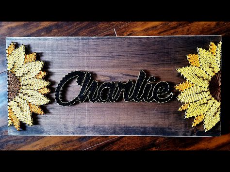 String Art- Name, colour, stained wood, nails, flowers Made By: Jennifer MacLeod Schutt String Art Flower, String Art Names, Nails Flowers, Nail String, String Art Templates, String Wall Art, Nail String Art, Wood Nails, String Crafts