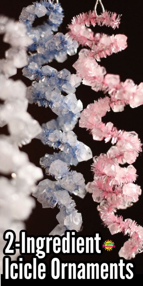 Turn pipe cleaners into crystallized icicles to hang to hang on the Christmas tree with this simple Borax and Water experiment. #HappyHooligans #Science #Kids #Homemade #Ornaments #PipeCleaner #Borax #Experiment Borax Snowflakes How To Make, Diy Ice Cycle Ornaments, Borax Icicle Ornaments, Epsom Salt Ornaments Diy, Christmas Ornaments Homemade Tree Decorations Pipe Cleaners, Christmas Tree Ornaments For Kids To Make, Christmas Crafts Ornaments Diy Projects, Borax Christmas Ornaments, Icicle Crafts For Toddlers