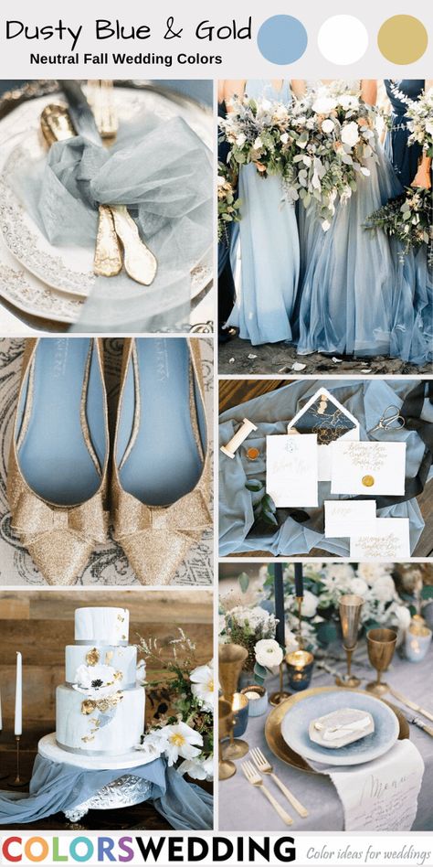 Dusty Blue Fall Wedding Decor, Dusty Blue And Gold Color Palette, Wedding Decorations Blue And Gold, Blue Colour Scheme Wedding, Powder Blue And Gold Wedding, Light Blue Boho Wedding, Dusty Blue And Gold Wedding Theme, Light Blue Gold Wedding, Dusty Blue Wedding Theme Table Settings