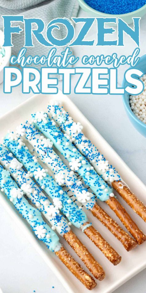 Frozen Themed Snacks For Kids, Blue Party Snack Ideas, Elsa Snacks Frozen Party Food, Frozen Party Desserts, Frozen Party Snacks Ideas, Frozen 3rd Bday Party, Frozen Birthday Snack Ideas, Frozen Birthday Party Desserts, Frozen Pretzels Ideas