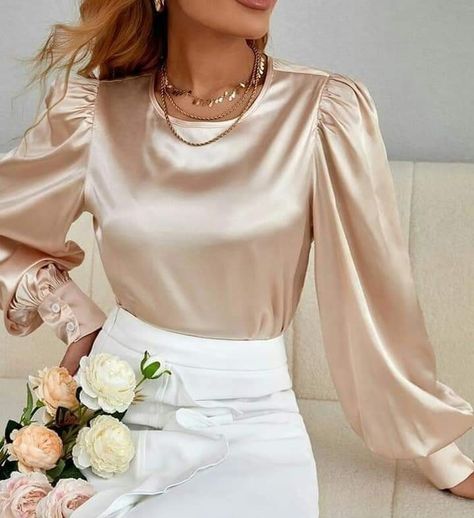 Satin Top With Sleeves, Satin Blouse And Skirt Outfit, Satin Top Hijab, Tops For Women With Skirt, Satin Top And Skirt Outfit, Fuschia Blouse Outfit, Satin Top Design, Blouse Satin Hijab, Long Sleeve Chiffon Tops