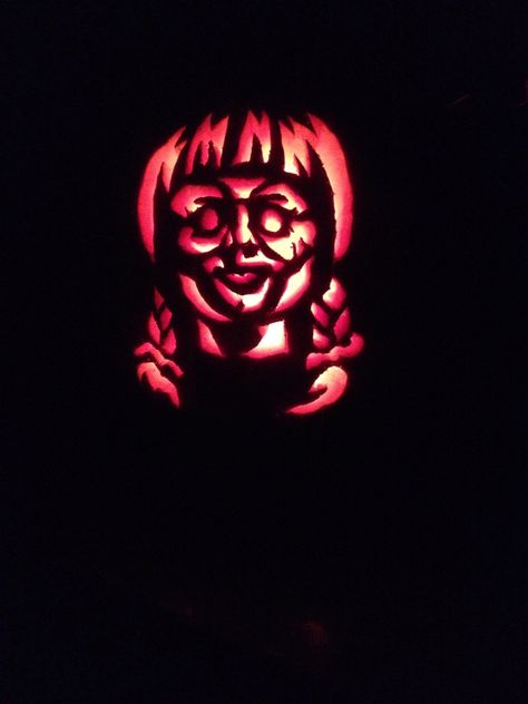 Annabel 2014...Turned out pretty good. Annabelle Pumpkin Carving, Pumpkin Carving Stencil, Carved Pumpkins, Pumpkin Carvings Stencils, Pumpkin Ideas, Pretty Good, Pumpkin Carving, Pumpkins, Halloween Party