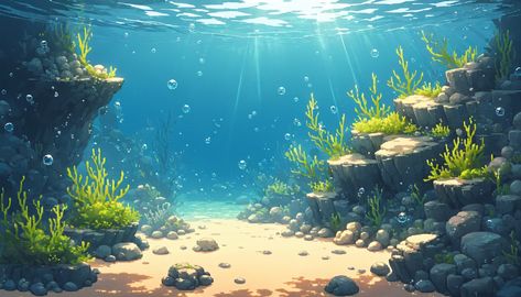 Sea Landscape Drawing, Under Water Landscape, Draw Underwater, Ocean Aesthetic Landscape, How To Draw Underwater, Underwater Background Drawing, Underwater Landscape, Aquarium Wallpaper, Underwater Scene