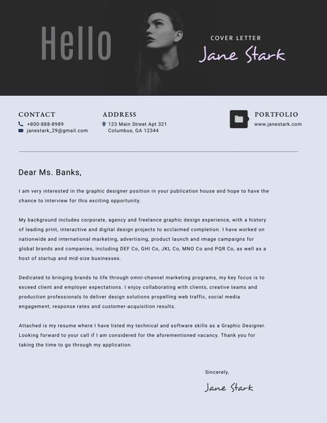 Graphic Designer Cover Letter Template | Visme Designer Cover Letter, Project Manager Cover Letter, Cover Letter Layout, Creative Cover Letter, Effective Cover Letter, Motivation Letter, Motivational Letter, Professional Cover Letter, Cover Letter Examples