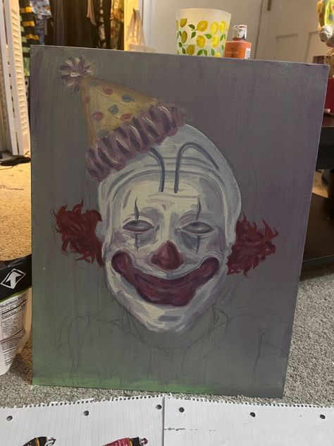 Clown Portrait Paintings, Clown Painting Ideas, Clown Canvas Painting, Emo Painting Ideas, Clown Art Drawing, Clown Fanart, Scary Halloween Drawings, Scary Clown Drawing, Clown Portrait