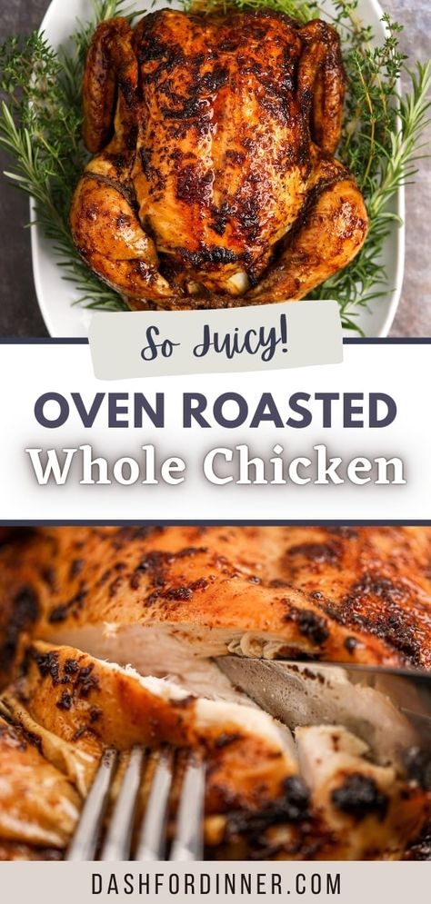 Wondering how to roast a whole chicken? Wonder no longer! This rotisserie-style recipe uses just a few simple ingredients, and techniques learned over 15 years of home cooking. You'll get juicy meat, crispy skin, and incredible flavor. It's the perfect main dish for any occasion, and makes meal prep through the week a breeze! Use the leftovers in casseroles, and the bones to make broth. Best Roast Chicken Recipe, Oven Roasted Whole Chicken, Roasted Whole Chicken, Cooking Whole Chicken, Whole Chicken Recipes, Whole Roasted Chicken, Oven Roasted Chicken, Oven Chicken, Roast Chicken Recipes