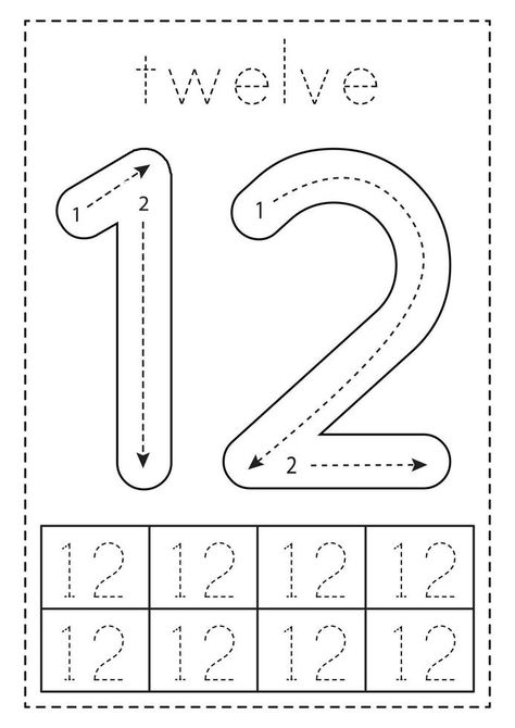 Tracing number twelve. Preschool worksheet. Black and white. Number 12 Worksheet, Fun Preschool Worksheets, Preschool Pictures, Pre K Worksheets, Preschool Number Worksheets, Numbers Kindergarten, Number Tracing, Numbers Preschool, Number 12