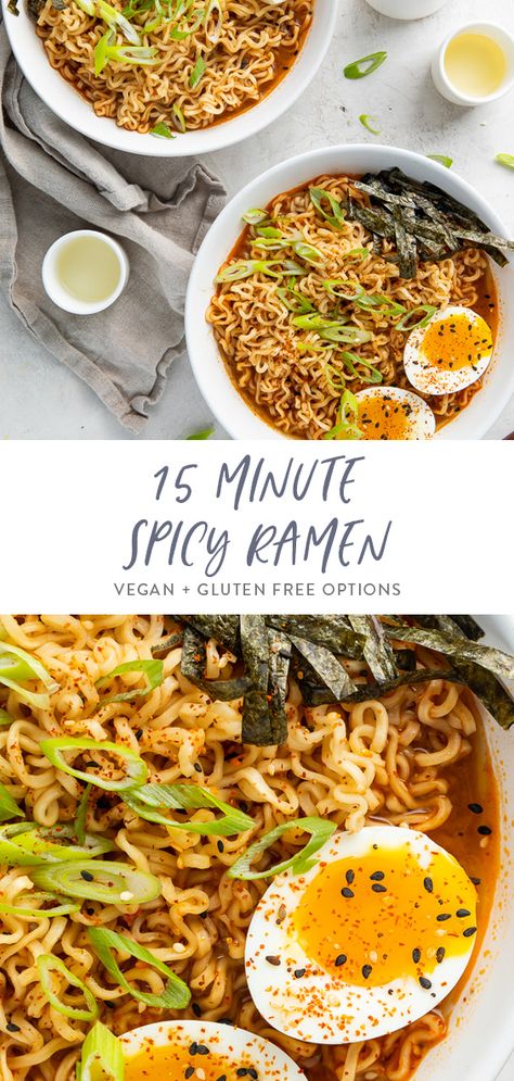 This spicy ramen is made in just about 15 minutes with a soy-ginger broth that’s perfectly spicy and savory. Perfect topped with soft boiled eggs, green onions, nori, or chicken, pork or tofu, it's an excellent and budget friendly lunch. Use basic ramen noodles or gluten free - talk about a ramen hack or upgrade! #asian #quick #easy #ramenhack #cheap Pok Choi, Gluten Free Ramen, Ramen Toppings, Ramen Broth, Spicy Ramen, Ramen Noodle Recipes, Gluten Free Noodles, Ramen Soup, Ramen Recipes