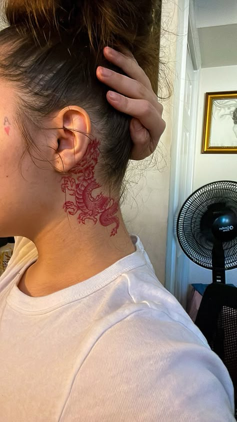 Red Dragon Tattoo Neck, Tiger Behind Ear Tattoo, Red Dragon Behind Ear Tattoo, Chinese Dragon Neck Tattoo, Behind The Ear Tattoo Ideas Cover Up, Behind The Ear Cover Up Tattoo Ideas, Red Ink Neck Tattoos Women, Back Tattoo Collage, Red Tattoos Behind Ear