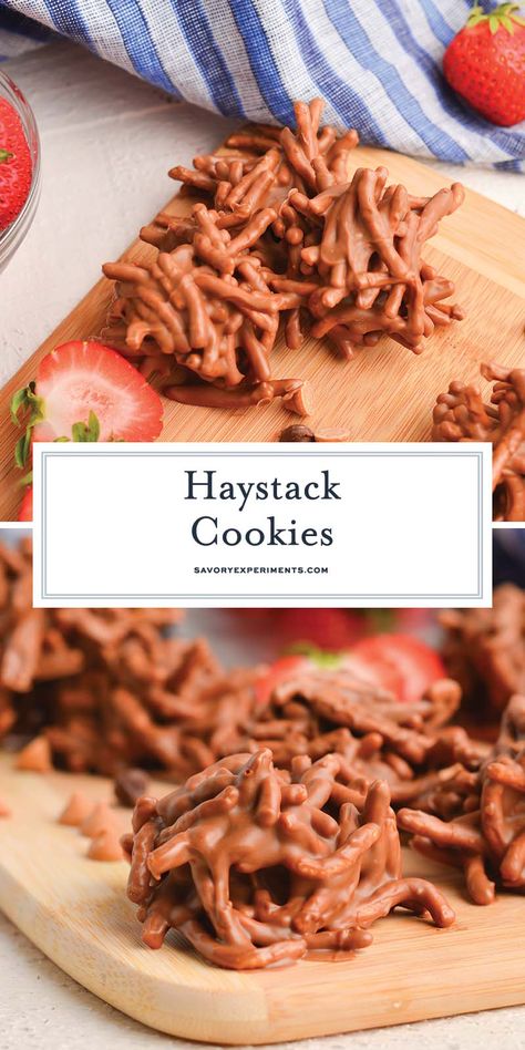 These EASY Haystack Cookies are a luscious mixture of sweet chocolate, butterscotch, and peanut butter with crunchy chow mein noodles! Chow Mein Noodle Cookies, Haystack Cookies, Haystacks Recipe, Banana Cookie Recipe, Amazing Cookie Recipes, Healthy Snacks To Make, Chow Mein Noodles, Peanut Butter Oatmeal Cookies, Banana Cookies