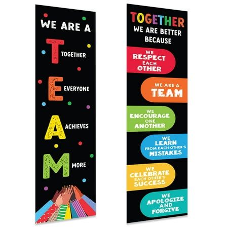 FOSTER A POSITIVE LEARNING ENVIRONMENT: Hang these vibrant 13"x48" classroom banner posters to create an uplifting and motivating atmosphere that encourages students to embrace growth mindset, teamwork, and kindness. DURABLE AND EASY INSTALLATION: Our 2-pack banner signs are made from 270 GSM silk paper and premium #100 paper. Hanging or displaying our classroom signs is a breeze! They come with user-friendly glue dots, saving teachers time and effort so they can focus on what truly matters  tea Teamwork Poster, Diversity Poster, Door Wall Decor, School Decoration, Classroom Banner, Rainbow Classroom, Classroom Wall Decor, Growth Mindset Posters, Team Banner