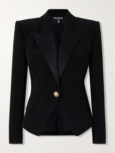 Shop BALMAIN Satin-trimmed crepe jacket, Explore the latest BALMAIN women's collection today on NET A PORTER Balmain 2024, Suit Brooch, Balmain Jacket, Elegant Blazers, Queen Aesthetic, Designer Jackets, Exclusive Dress, Sport Swimwear, Three Piece Suit