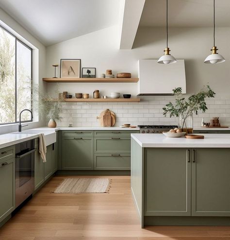 15 Kitchens With Sage Green Cabinets You Will Love - Rhythm of the Home #Allure #HouseGoals #The #DecorTips #Kitchens #of #the #in #Outdoor #Garden #Oasis #InteriorDesign #Enchanting Kitchen No Upper Cabinets, Sage Green Cabinets, No Upper Cabinets, Modern Bohemian Living Room, Sage Kitchen, Sage Green Kitchen, Transitional Decor Bedroom, Kitchen Innovation, Transitional Decor Living Room