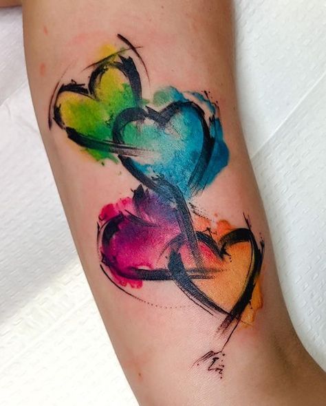 Tattoo Color Test Ideas, Colorful Word Tattoos, Watercolour Heart Tattoo, Watercolour Tattoo Ideas, Watercolor Wrist Tattoos For Women, Color Only Tattoo, Broken Crayons Still Color Tat, Rainbow Bright Tattoo, Rose Tattoo With Color