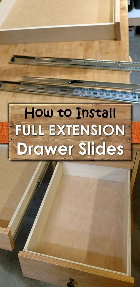 Full extension drawer slides. Install drawer slides on your drawers. #beginnerwoodworking #drawerslides #howtobuilddrawers #thepowertoolwebsite Install Drawer Slides, Installing Drawer Slides, Fine Woodworking Project, Wood Projects For Beginners, Diy Drawers, Woodworking For Kids, Woodworking Projects That Sell, Popular Woodworking, Built In Bookcase