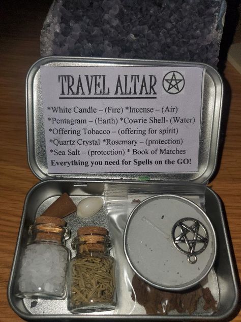 Travel Altar in hinged metal tin! Everything you need, in a cute, little, discreet container! You never know when you'll need it ;)   This TRAVEL ALTAR KIT comes complete with the following ingredients: *White Tea light (fire) *Incense cone (air) *Cowrie Shell (water) *Pentacle charm (earth) *Jar of Sea Salt *Jar of Rosemary. Rosemary is a multi-purpose herb, good for so many things - from healing, to protection, to memory and love, and so much more.  *Quartz Crystal - to generate and amplify *Bag of Offering Tobacco - to leave for spirit, deities, ancestors, etc. *Book of matches Great little kit to have on the go or as a travel altar. Also makes a great gift for the witch in your life! Metal tins are black or silver. Witch box contents are handcrafted with varying materials - meaning ove Witch Altar Box Diy, Altar Box Ideas, Altoid Tin Altar, Altar Aesthetic Witch, Small Altar Ideas Witch, Travel Altar Witchcraft, Altar Setup Witchcraft, Witch Shop Aesthetic, Witch Altar Inspiration