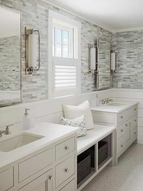 White and gray bathroom boasts top half of walls clad in gray marble mosaic tiles and bottom half of walls clad in shiplap trim lined with a built in window seat bench fitted with cubbies filled with woven bins. Light Gray Cabinets, Ship Lap, Bad Inspiration, Bathroom Windows, Subway Tiles, 아파트 인테리어, Trendy Bathroom, Bathroom Redo, Hus Inspiration