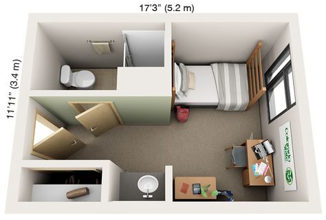 Suite-Style Single w/ Private Bathroom: Academic Village, Laurel Village Single Dorm Room, Dorm Layout, Small Apartment Layout, Studio Apartment Floor Plans, Dorm Room Layouts, Small Dorm Room, Small Dorm, Hostel Room, Dorm Design