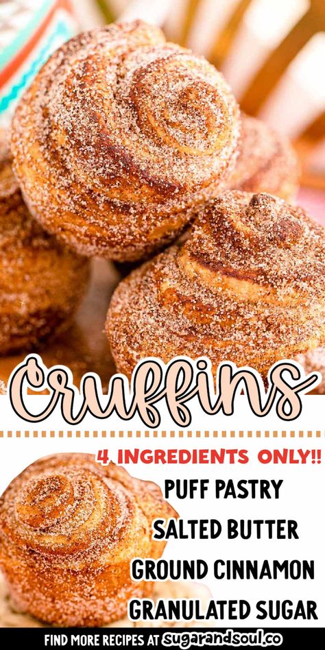 Puff Pastry Donuts Baked, Desert Puff Pastry Recipes, Puff Pastry Doughnut Recipe, Cinnamon Pastry Rolls, Homemade Breakfast Pastry, Homemade Pastries Easy, Cruffin Recipe With Puff Pastry, Easy Cinnamon Sugar Cruffins, Puff Pastry Recipes Cinnamon Rolls