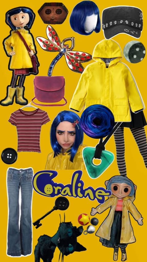 coraline, moon, cat, halloween, 3D, movie, buttons, costume, outfit, shoes, tights, raincoat, wig accessories, hairclip Coraline Halloween Costume Ideas, Coraline Dress Up, Halloween Inspired Work Outfit, Coraline Costume Aesthetic, Caroline Costume Halloween, Caroline Halloween, Coraline Costume Ideas, Caroline Costume, Halloween Costumes Coraline