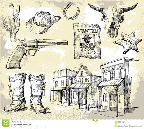 Hand Drawn Wild West Set - Download From Over 48 Million High Quality Stock Photos, Images, Vectors. Sign up for FREE today. Image: 23514422 Old West Decor, Wild West Outlaws, Western Saloon, Bull Painting, Horseshoe Projects, Camping Inspiration, Western Tattoos, Western Artist, West Art