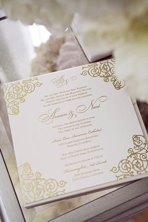 Lavish White & Gold California Wedding White And Gold Quince Invitations, Gold White Wedding Invitation, White And Gold Indian Wedding Invitation, Gold Flower Wedding Invitation, Malibu Beach Wedding, Wedding Guest Etiquette, Wedding Invite Gold Foil, Grace Ormonde Wedding Style, Wedding Locations California