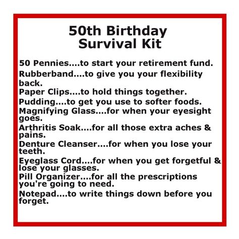 funny list of items in 50th birthday survival kit Birthday Survival Kit, Moms 50th Birthday, 50th Birthday Funny, 50th Party, Cadeau Diy, 50th Birthday Gifts, 50th Birthday Party, Men Vintage, Milestone Birthdays