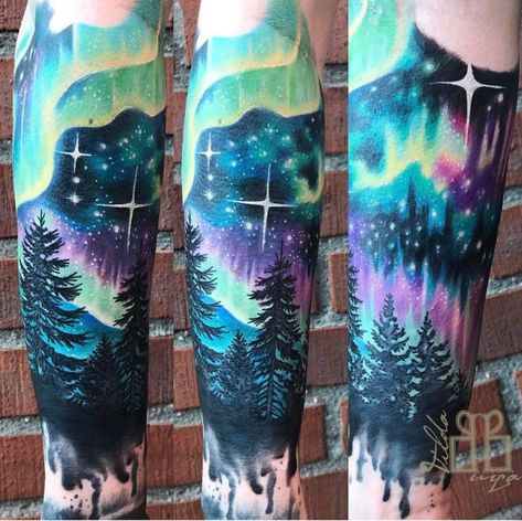 120 Cool Space Tattoo Ideas - Galaxy, Universe Tattoo Designs - TattoosBoyGirl Aurora Borealis Tattoo, Lights Tattoo, Northern Lights Tattoo, Natur Tattoo Arm, Space Tattoo Sleeve, Watercolor Tattoo Sleeve, Sky Tattoos, Nature Tattoo Sleeve, Kunst Tattoos