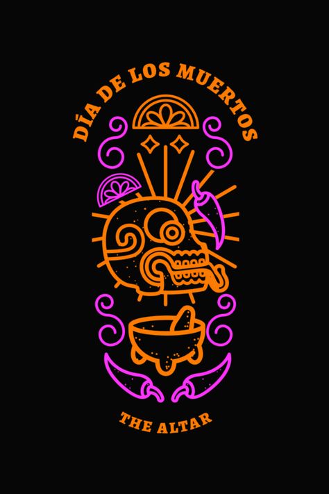 DÍA De LOS MUERTOS The Altar Tee Mexican Graphic Design Illustrations, Mexican Illustration Design, Mexican Logo Design, Mexican Graphics, Mexican Art Traditional, Mexican Logo, Mexican Poster, Mexican Graphic Design, Mexican Restaurant Decor