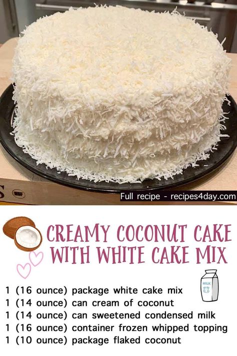 Brazilian Coconut Cake, Best Coconut Cake Recipe, Coconut Cakes, Vanilla Desserts, Coconut Cream Cake, Cream Of Coconut, Coconut Cake Recipe, Cake Mixes, Coconut Desserts