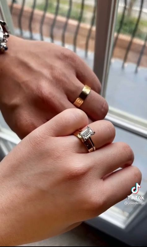 Wedding Ring With Cartier Band, Cartier Wedding Band, Engagement Party Photo Ideas, Cartier Band, Cartier Wedding Bands, Cartier Wedding Rings, Cartier Love Wedding Band, Wedding Rings Emerald Cut, Cartier Love Ring