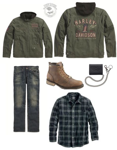 Harley-Davidson Mens Outfit Idea : Jacket, Flannel, SlimCut Jeans, Darrol Boots, Chain Wallet Harley Davidson Style Men, Harley Davidson Outfits Men, Biker Outfit Men, Harley Davidson Outfits, Harley Davidson Jacket Men, Bikers Outfit, Harley Men, Harley Davidson Style, Mens Den