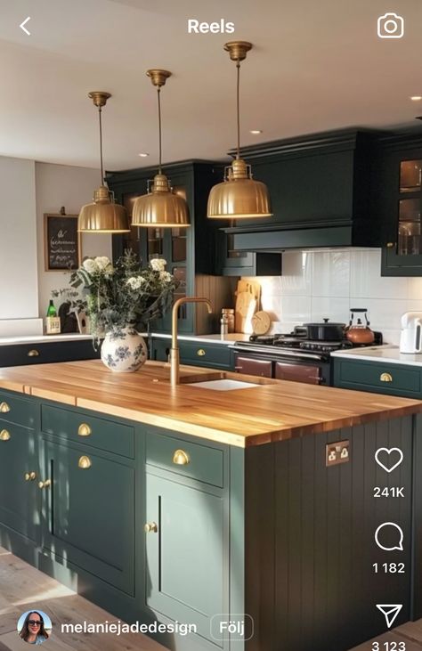 Dark Green Kitchen With Butcher Block, Dark Green Cabinets Butcher Block, Green Cabinets Butcher Block, Green Kitchen Cabinets Butcher Block, Green Cabinets With Butcher Block, Dark Green Kitchen, Cream Kitchen, Loft Kitchen, Kitchen Mood Board