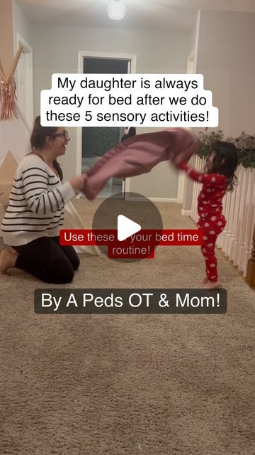 Courtney English | Pediatric Occupational Therapist on Instagram: "It can be difficult to calm your child’s body down before bed! Try these sensory activities in your next bed time routine! Comment “REGULATION” and I will send you a list of my updated regulation toys and tools for home! Let me know if you want to see more bed time sensory activities! #momsofinstagram #toddlermom #preschoolmom #regulation #sensoryplay #sensorykids #sensoryprocessing #pediatricot #pediatricoccupationaltherapy #occupationaltherapy" Bed Time Routine, Child Guidance, Preschool Mom, Infant Sensory Activities, Occupational Therapy Activities, Baby Sensory Toys, Pediatric Occupational Therapy, Kindergarden Activities, Time Routine