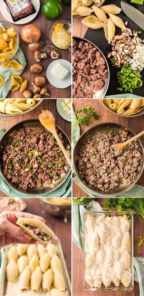 Step by step how to make philly cheese steak stuffed shells Cheese Steak Stuffed Shells, Steak Stuffed Shells, Ground Beef Stuffed Shells, Jumbo Shell Recipes, Easy Weekday Dinners, Amazing Pasta, Philly Cheese Steak Sandwich, Spaetzle Recipe, Philly Steak