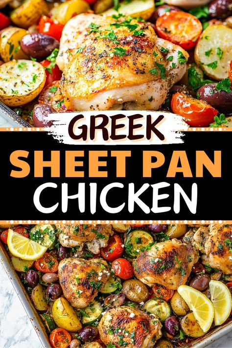 This Greek sheet-pan chicken is an easy, satisfying meal the family will love! With tender chicken, potatoes, vegetables, and crumbled feta cheese, it can't be topped! Greek Chicken Pan Dinner, Greek Chicken Tray Bake, One Pan Chicken And Veggies, Sheet Pan Lemon Chicken And Potatoes, Chicken Potato Sheet Pan Dinner, Greek Sheet Pan Chicken Dinner, Sheetpan Dinner Chicken, Greek Chicken Sheet Pan Dinner, Chicken Feta Recipes