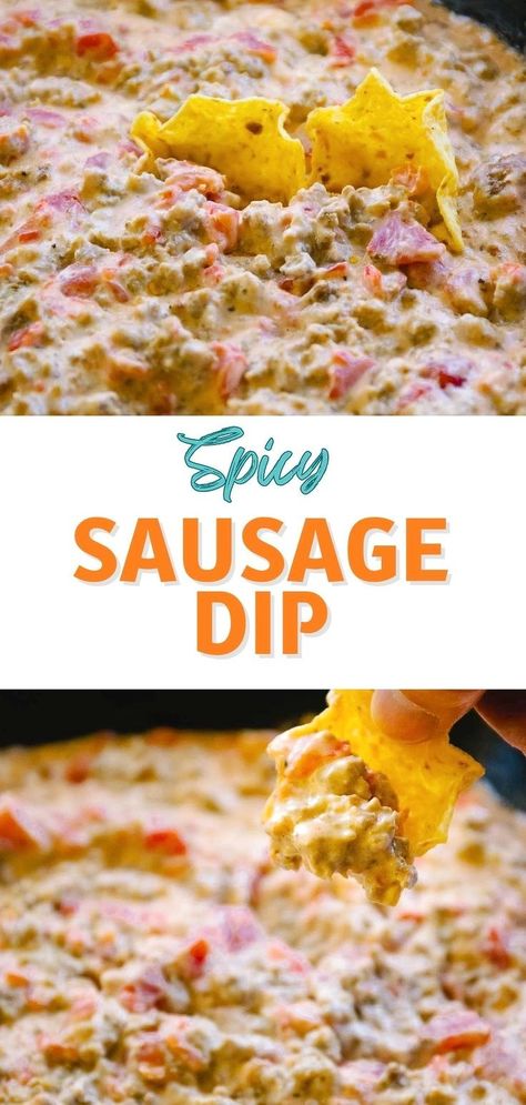 Three-ingredient Spicy Sausage Dip is the perfect (and quick) appetizer to whip up for your next party, game-day gathering, potluck, or snack on over the weekend. Delicious, homey ingredients are combined for a taste that will leave everyone wanting more. Pork Sausage Dip, Cajun Food For A Crowd, Spicy Sausage Dip, Chili Bean, Sausage Dip, Man Recipes, Quick Appetizer, Easy To Make Appetizers, Bite Size Appetizers