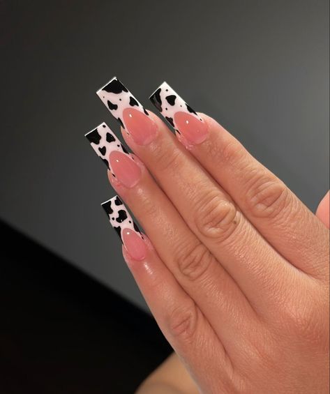 Classic Nail Designs, Black And White Nail, Western Nails, Cow Nails, French Tip Nail Designs, Nails Now, French Tip Acrylic Nails, Classic Nails, Animal Print Nails