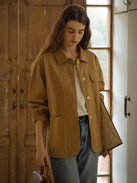 Designer fashion, Seoul-fully created | W Concept Tan Jacket Outfit, Vintage Casual Outfits, Utility Jacket Outfit, Outer Outfit, Comfortable Work Clothes, Colorful Street Style, Suede Jacket Women, Neat Casual Outfits, Everyday Jacket