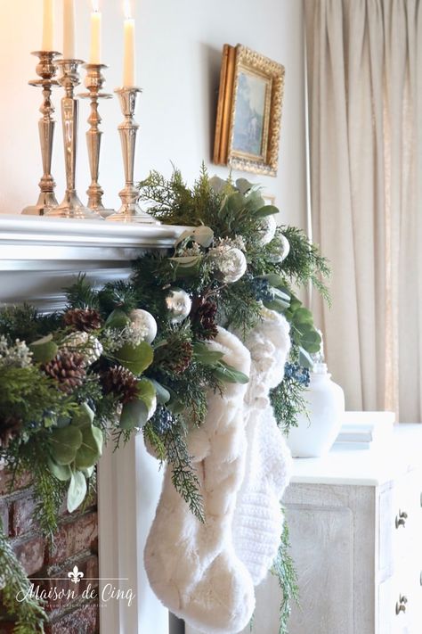 French Inspired Christmas Tour with Touches of Blue French Country Christmas Decor, Christmas Mantel Garland, Rustic Christmas Mantel, French Christmas Decor, Farmhouse Fireplace Mantels, Holiday Mantel Decor, French Country Christmas, Warmest Wishes, Holiday Mantel