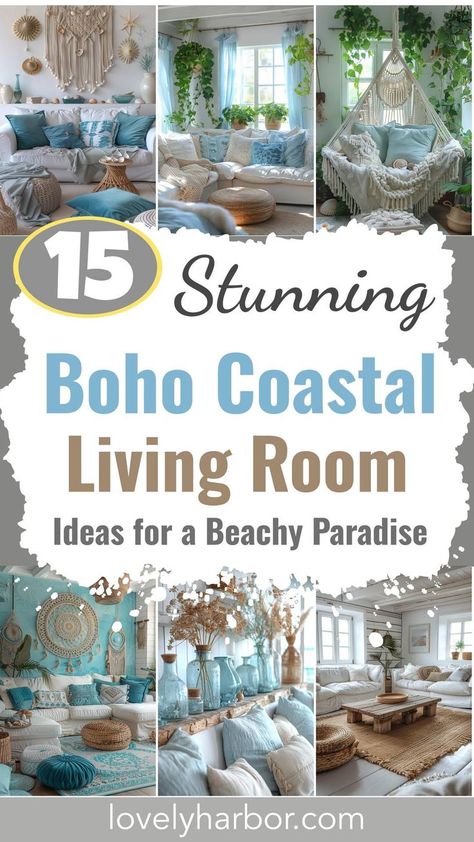 15 Stunning Boho Coastal Living Room Ideas for a Beachy Home 2 Eclectic Coastal Cottage, French Beach Cottage Decor, Beach House Decor Colorful, Simple Coastal Living Room, Beach Boho Interior Design, Beach House Interior Design Boho, Ocean Inspired Interior Design, Small Lake Cottage Interiors Living Room, Boho Beach Decor Living Room