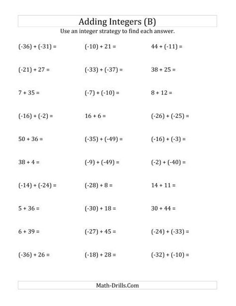 Adding Integers Worksheet, Subtracting Integers Worksheet, Teaching Integers, Negative Numbers Worksheet, 7th Grade Math Worksheets, Adding Integers, Math Integers, Adding And Subtracting Integers, Integers Worksheet