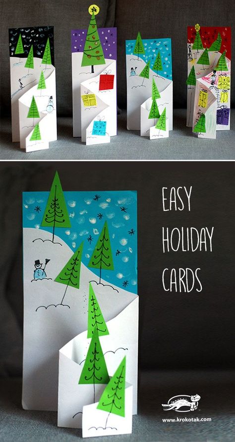 Easy Holiday Cards, Kunst For Barn, Homemade Holiday Cards, Simple Holiday Cards, Snacks Easy, Cards Easy, Christmas Cards Kids, Simple Christmas Cards, Homemade Christmas Cards