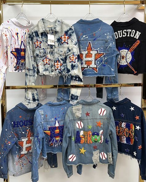 Baseball Jean Jacket Diy, Baseball Mom Jean Jacket, Astros Jean Jacket, Game Day Denim Jacket, Decorate Jean Jacket Diy, Houston Astros Outfit Woman, Astros Outfit Woman, Houston Astros Outfit, Teacher Jacket