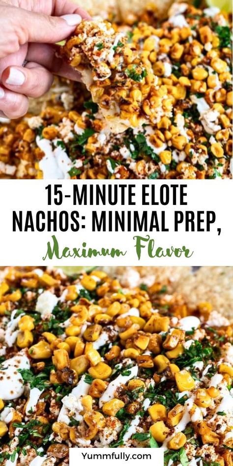 Mexican Street Elote Corn in the form of nachos will be your next obsession. Slightly charred seasoned whole-kernel corn, melted Monterey Jack cheese sauce, and crumbled Cotija cheese, all drizzled with Mexican crema over crunchy nachos, is all you need to make your next party or get-together a success! Elote Corn, Cheese All, Mexican Crema, Cooking For A Group, Corn Tortilla Chips, Romantic Meals, Cotija Cheese, Mexican Street, Monterey Jack