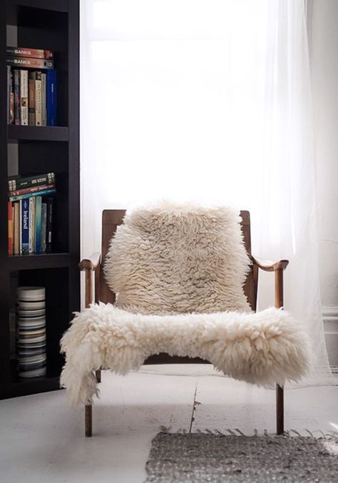 soft sheepskin throw on wood chair / sfgirlbybay Family Room Makeover, Cute Dorm Rooms, Book Shelf, A Chair, Home Fashion, Home Decor Inspiration, Room Makeover, Room Inspiration, Living Room Designs