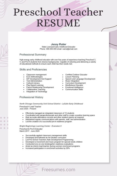 In this post, you’ll find a persuasive sample preschool teacher resume, followed by extra tips for writing and formatting. Preschool Teacher Resume Examples, Teacher Job Interview, Preschool Teacher Tips, Reflective Essay Examples, Teacher Resume Template Free, Preschool Teacher Resume, Teacher Resumes, Business Worksheet, Teacher Cv