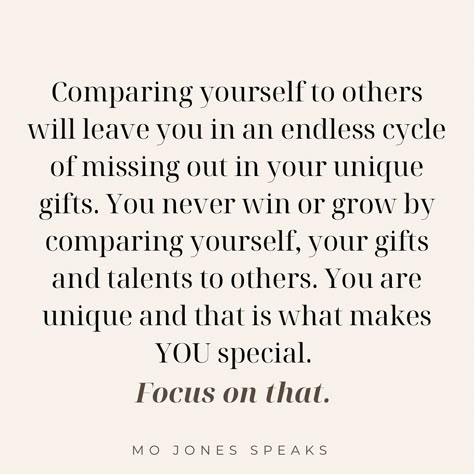 Comparison is the thief of joy. ⁣ ⁣ Comparing yourself to others will leave you in an endless cycle of missing out in your unique gifts. You never win or grow by comparing yourself, your gifts and talents to others. You are unique and that is what makes YOU special. Focus on that.⁣ ⁣ There are so many beautiful parts of you that make you special. Don’t lose sight of that by comparing yourself to others. ⁣ ⁣ You will never be another person. And there will never be anyone like you. But you can... Compare Yourself To Others Quotes, Dont Compare Yourself To Others Quotes, Don't Compare Yourself To Others, Comparing Yourself, Dont Compare, Comparing Yourself To Others, Words Quotes, Self Love, Like You