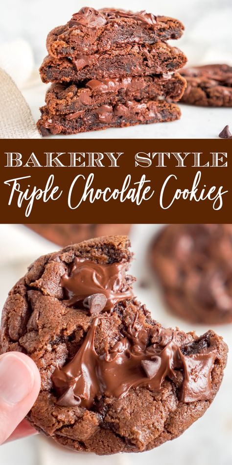 Homemade Bakery Style Triple Chocolate Cookies! Easy Cookies with Chocolate Chunks, Chocolate Chips, and Cocoa! The BEST Chocolate Cookies and SO easy to make! #lemonpeony #triplechocolate #cookies #chocolatecookies #bakerystyle Easy Cookies Chocolate, Chewy Triple Chocolate Cookies, Triple Chocolate Chunk Cookies, Triple Chip Cookies, Triple Chocolate Cookies Recipe, Best Cookie Recipes Easy, Bakers Chocolate Recipes, Chocolate Cookies Recipes, Chocolate Chocolate Cookies